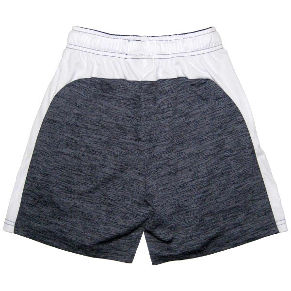 back view of navy heather youth shorts with white back and side panels